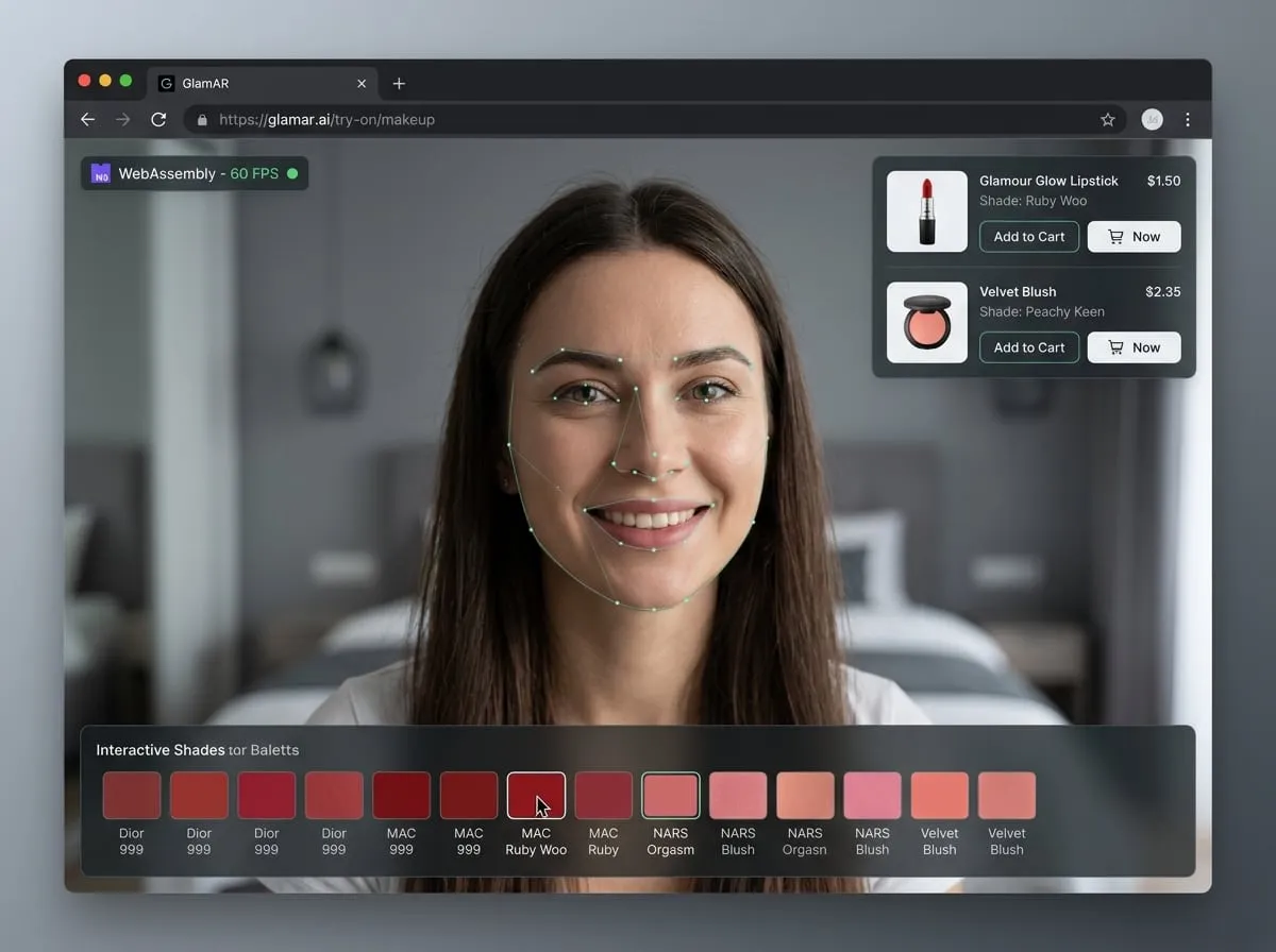 Real-time WebAssembly 60 FPS virtual makeup try-on mirror interface