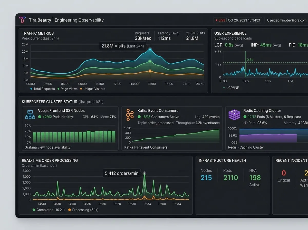Kubernetes, Kafka event streams, and Redis cache observability dashboard