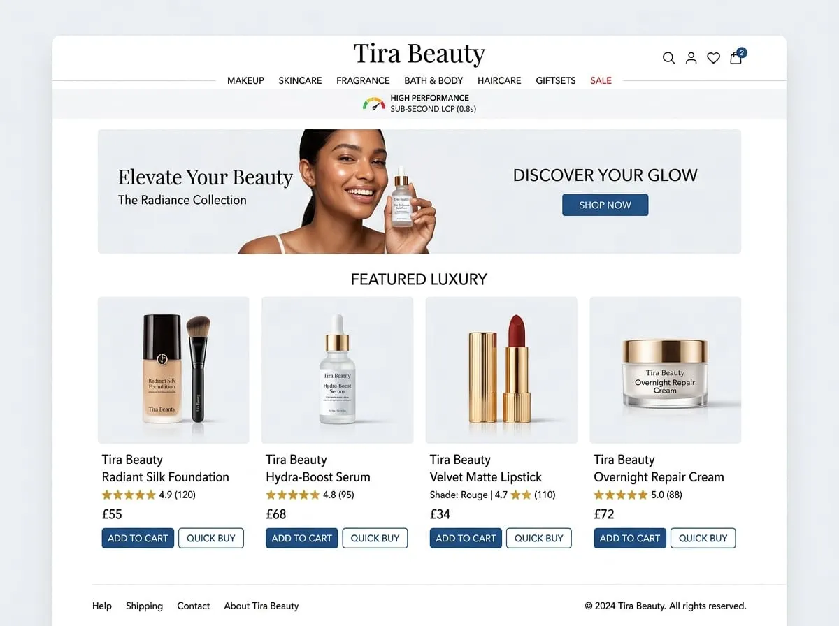 Tira Beauty product catalog and luxury cosmetics checkout UI